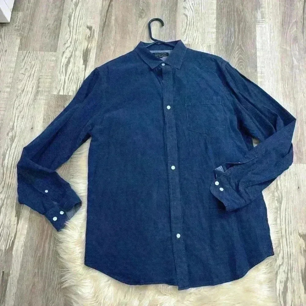 Banana Republic navy stretch soft wash slim fit dress shirt sz L textured dot